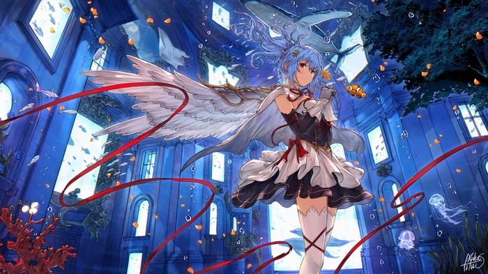 Anime girl with wings in an underwater palace