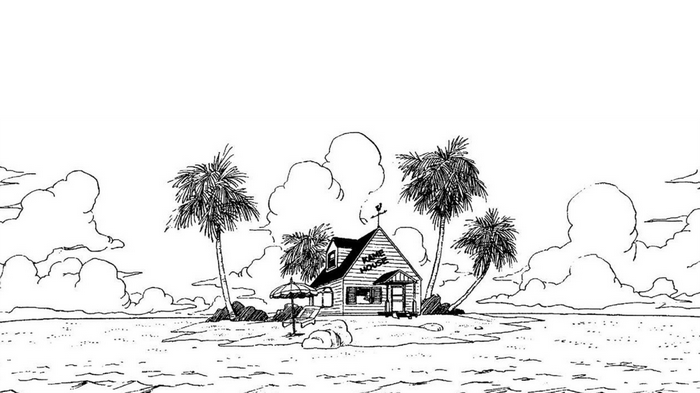Kame House on a tropical island with palm trees and clouds