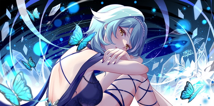 Eula from Genshin Impact with blue butterflies