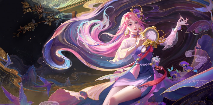 4K Artwork of a Woman with Pink Hair and a Mirror