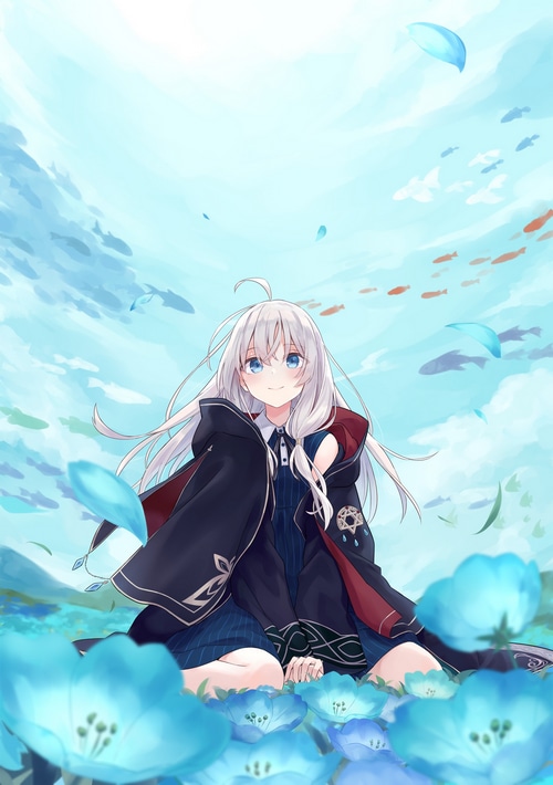 Elaina in a magical world with blue flowers and fish