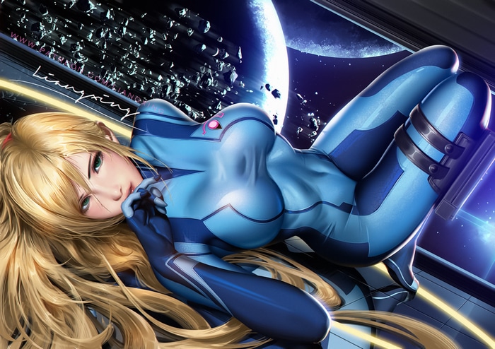 Samus Aran in a blue Metroid suit
