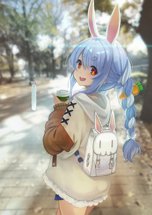 Usada Pekora with a drink and backpack