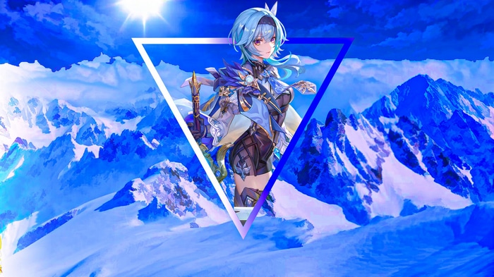 Eula from Genshin Impact in a snowy mountain landscape