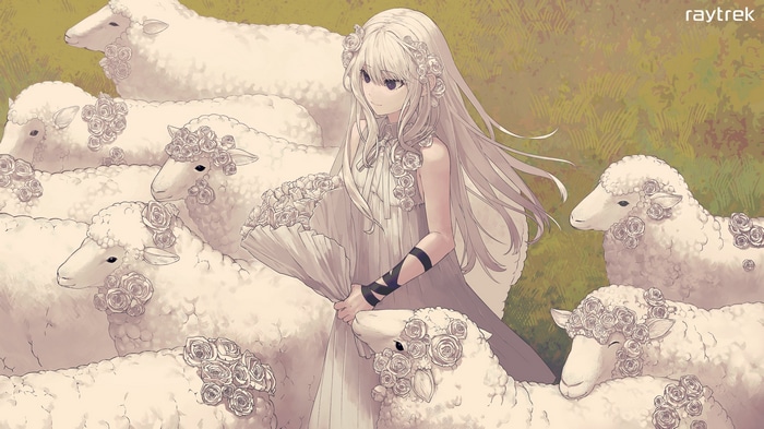 4K Original Characters with Sheep and Flowers