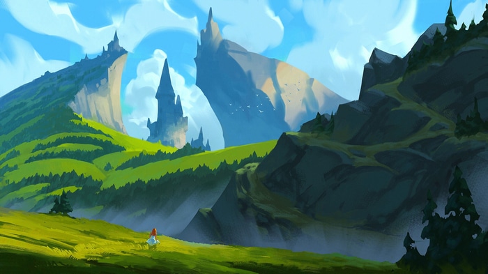 Fantasy mountains with castles and a girl