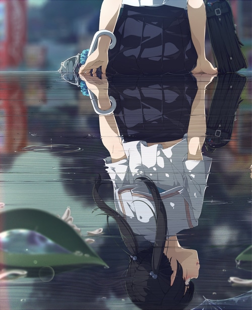 Girl in school uniform reflected in water