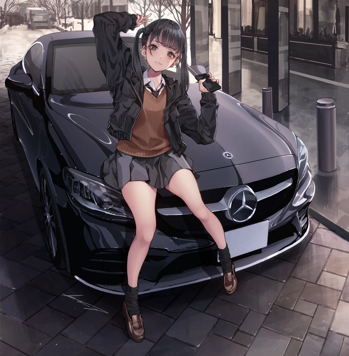 Anime girl posing with a Mercedes-Benz car