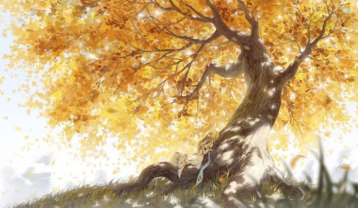 4K Genshin Impact Lumine under autumn tree