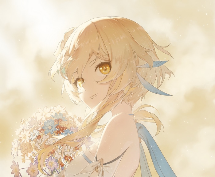 Lumine from Genshin Impact holding a bouquet of flowers