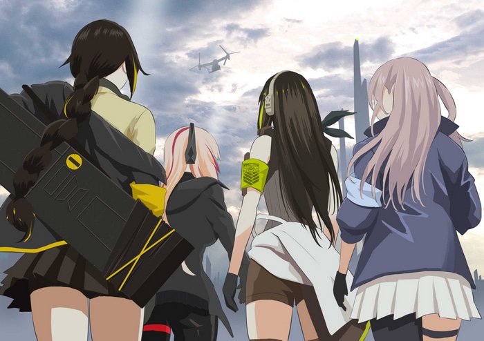 Girls Frontline characters looking at a VTOL aircraft