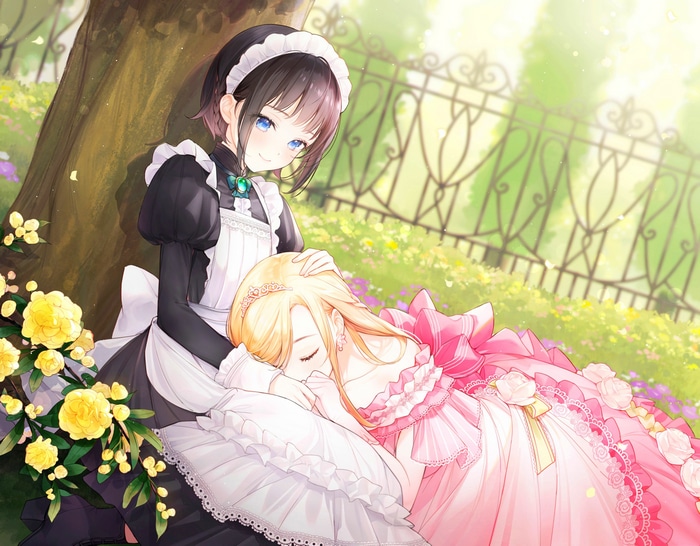 Maid outfit girl resting with a girl in a pink dress