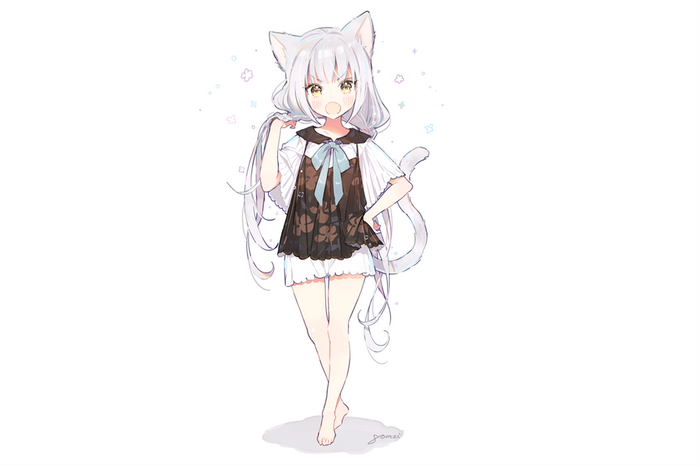 Cat girl with silver hair and yellow eyes