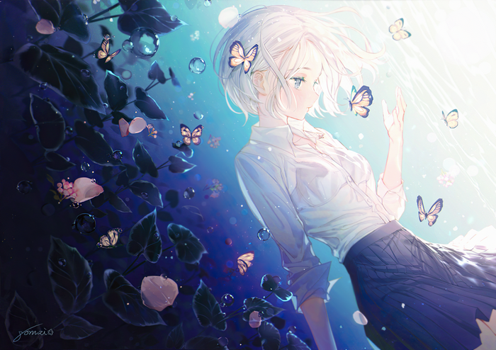 Girl with butterflies and dark foliage
