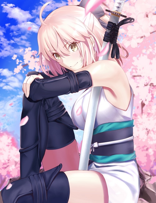 Okita Souji from Fate/Grand Order with cherry blossoms