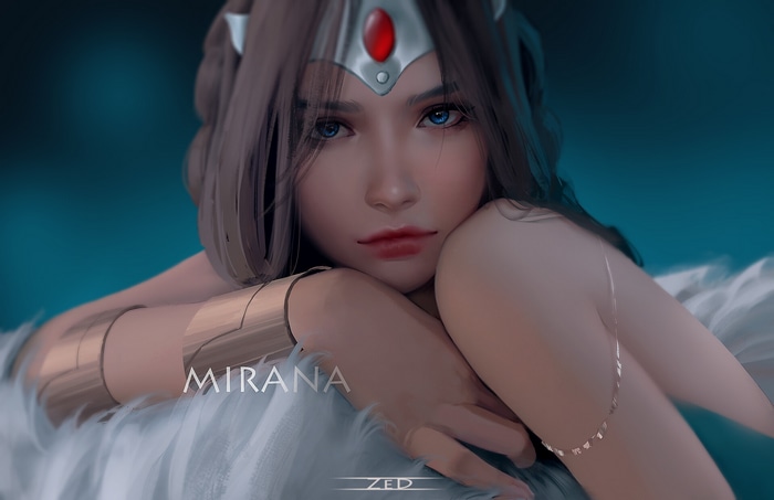 Mirana from Dota 2 with blue eyes and tiara
