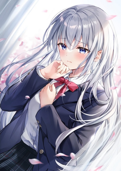 Girl with silver hair and blue eyes in school uniform