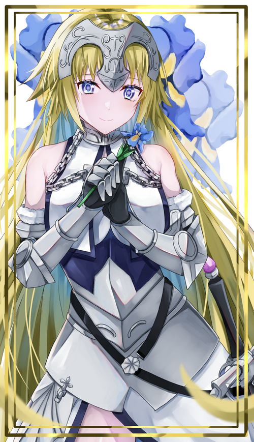 Jeanne d'Arc from Fate/Grand Order holding a blue flower