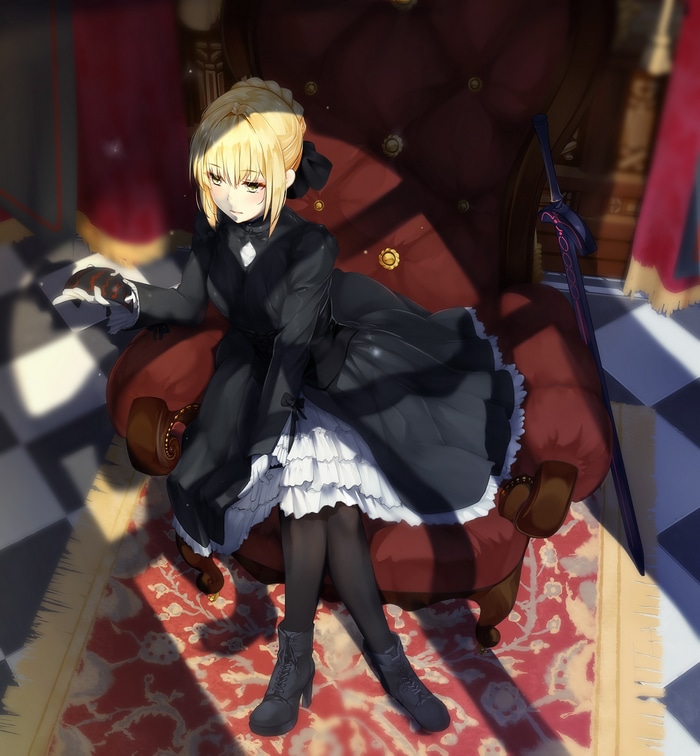 Saber Alter sits on a throne with a sword