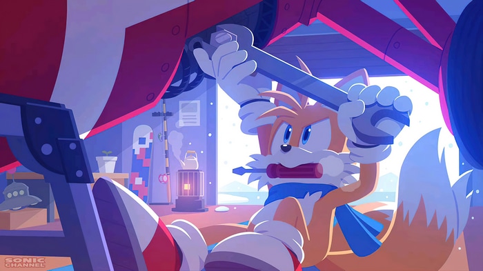 Tails working in a workshop with a wrench