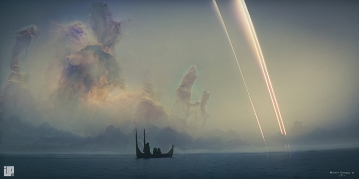 A boat sails through a nebula with celestial rings
