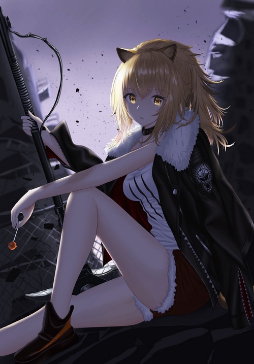 Siege from Arknights with blonde hair and animal ears