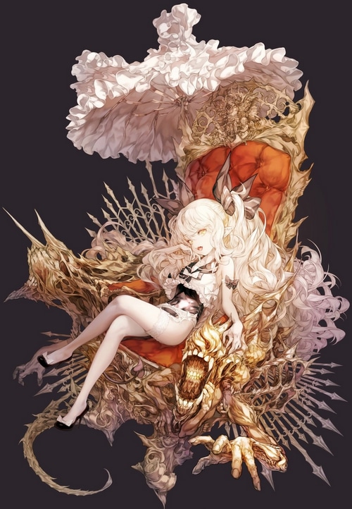 A young girl with blonde hair sits on a throne.