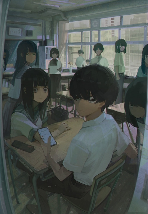 Anime school students in a classroom