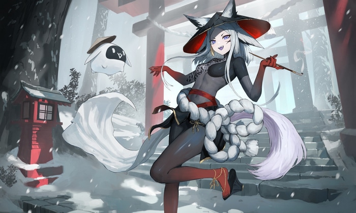 Fox girl and companion in a snowy shrine