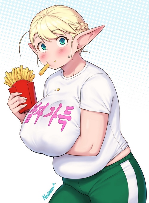 Elf girl eating french fries