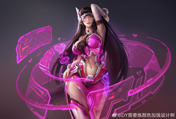 D.Va in a pink futuristic outfit with holographic displays