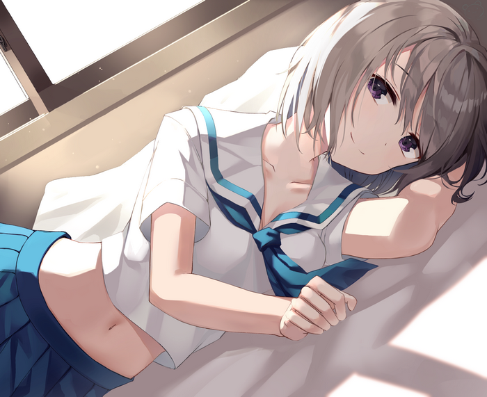 Ruda in a school uniform lying down