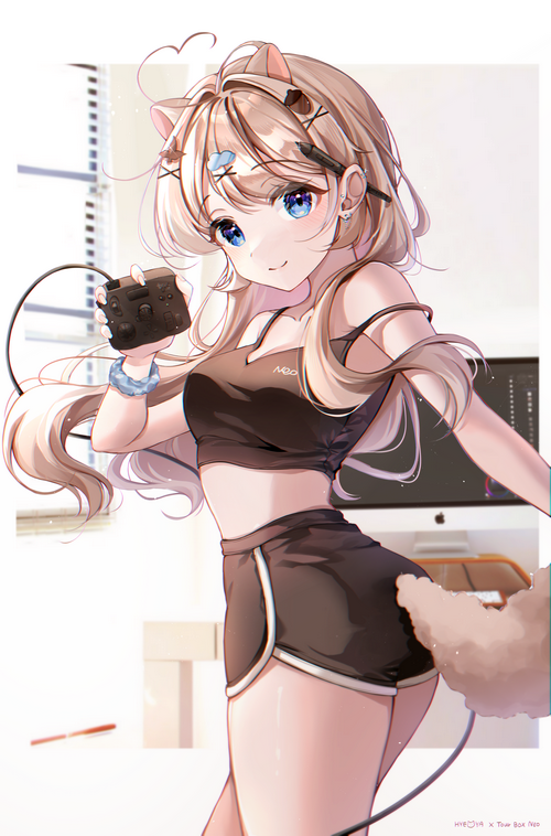 Anime girl with cat ears holding a game controller