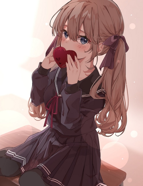 Anime girl with twintails holding a heart candy