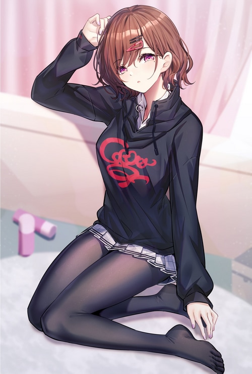 Anime girl Ririko Higuchi Madoka in black hoodie