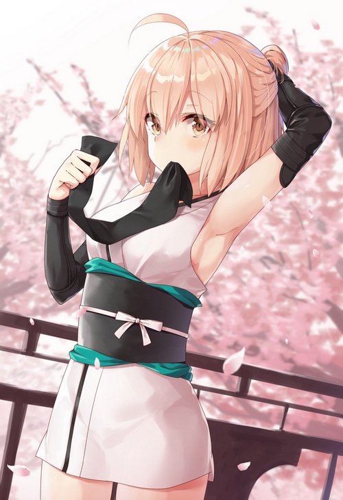 Okita Souji in Japanese Clothes with Cherry Blossoms