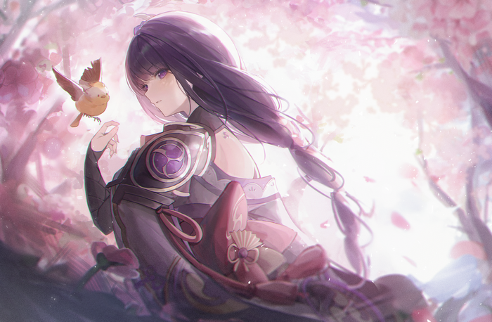 Raiden Shogun with a bird among cherry blossoms