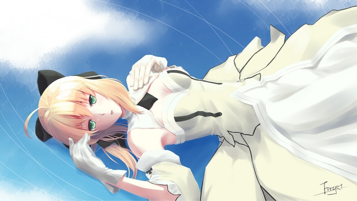 Saber Lily in a white dress against a blue sky