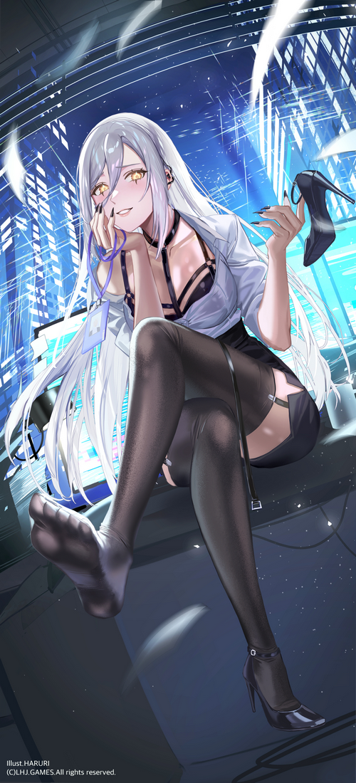 Office girl with silver hair and yellow eyes
