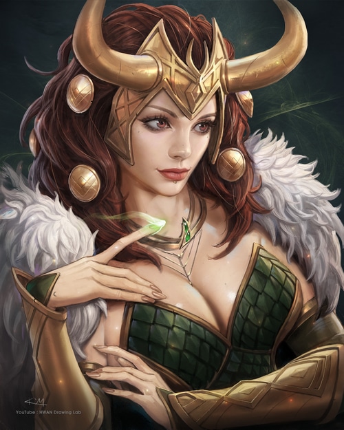 Female Loki with Golden Horns and Green Outfit