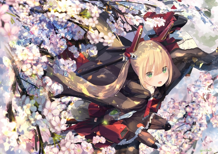 Girl with green eyes and blonde hair among cherry blossoms