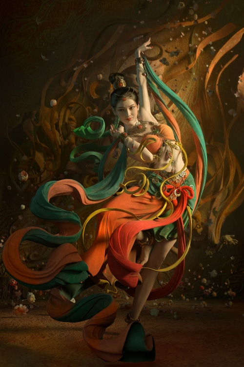 Fantasy art of a dancing woman with flowing fabrics
