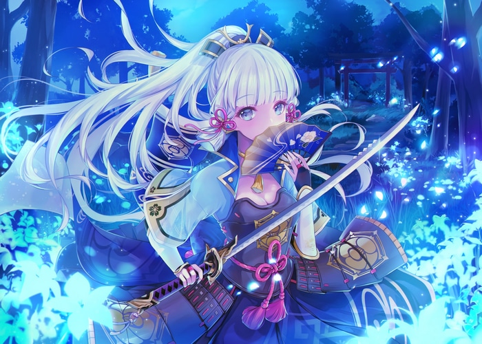 Kamisato Ayaka from Genshin Impact with a katana