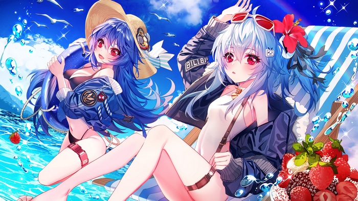 Two anime girls with blue hair at the beach