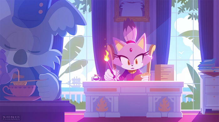 Blaze the Cat writing at a desk with a flame