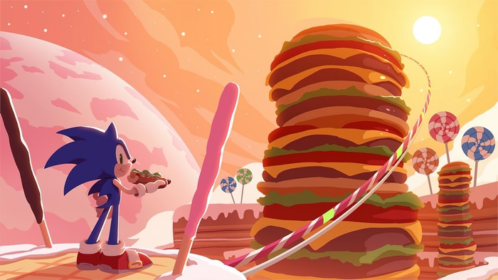 Sonic the Hedgehog eating a hot dog in a candy land