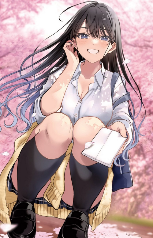 Girl with dark hair and blue eyes in school uniform