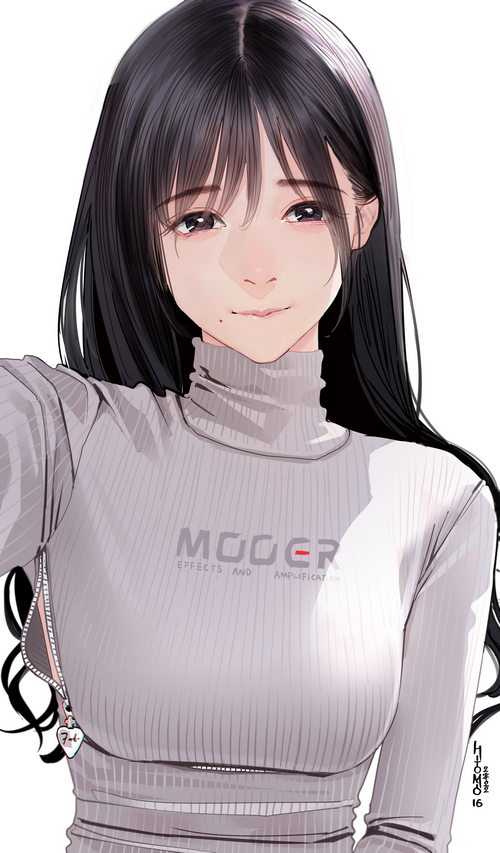Hitomio wearing a gray turtleneck sweater