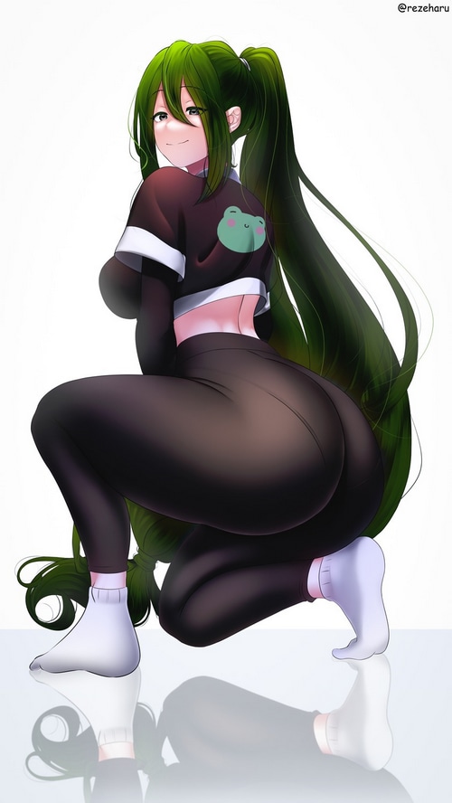 Tsuyu Asui in yoga pants with a frog logo