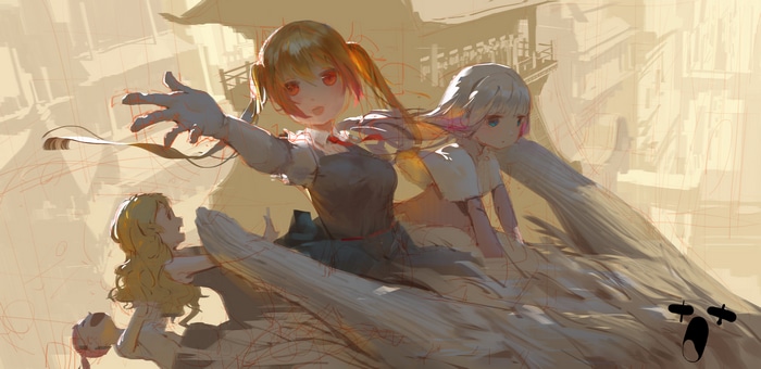 Kobayashi-san Chi no Maid Dragon characters on a large creature